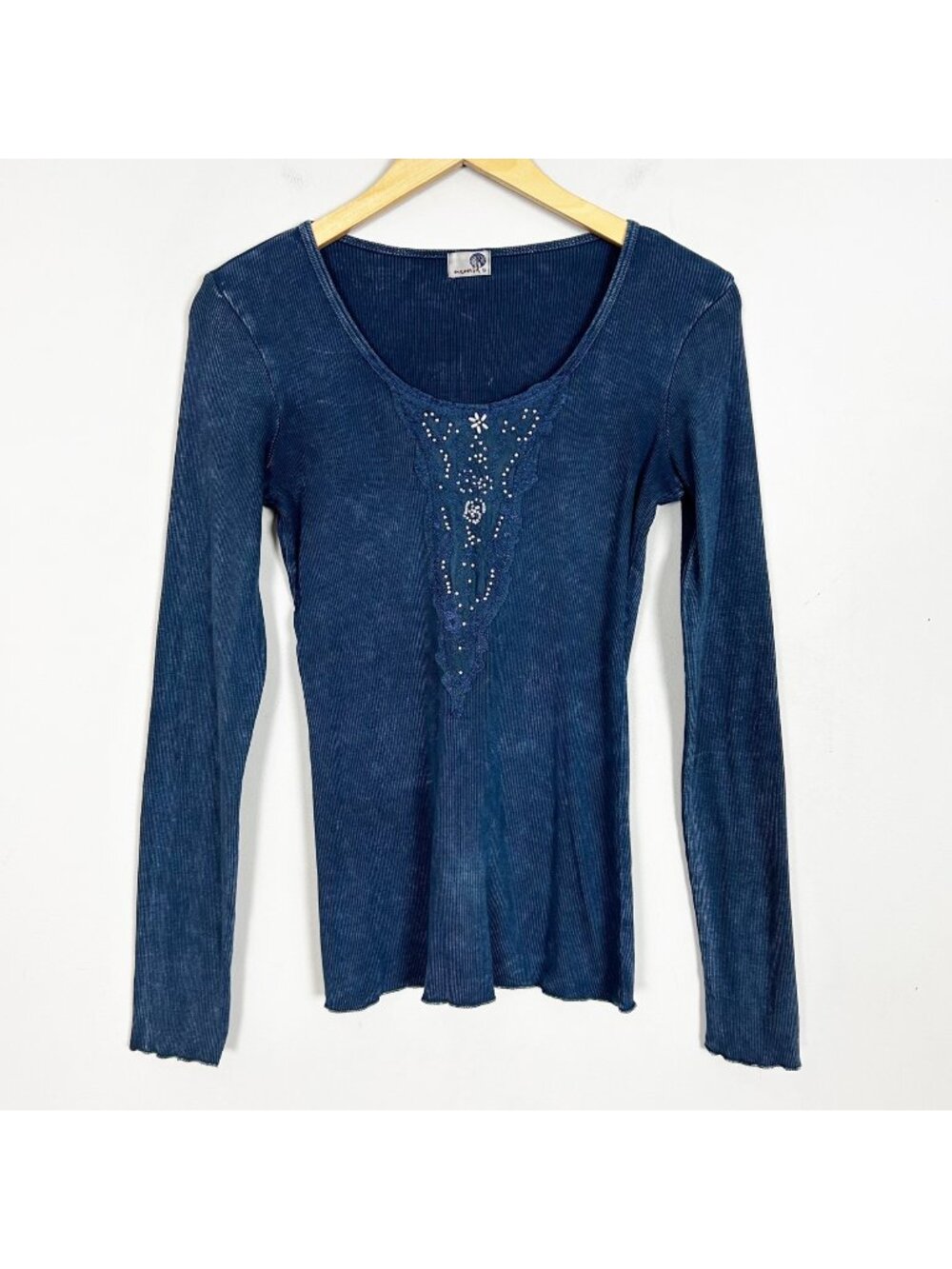 Y2K Women’s Beaded Thermal Long Sleeve Top Ribbed Lace Size Small